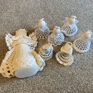 Vintage Handmade White Crochet Angel Christmas Tree Topper and Ornaments Set 7pc